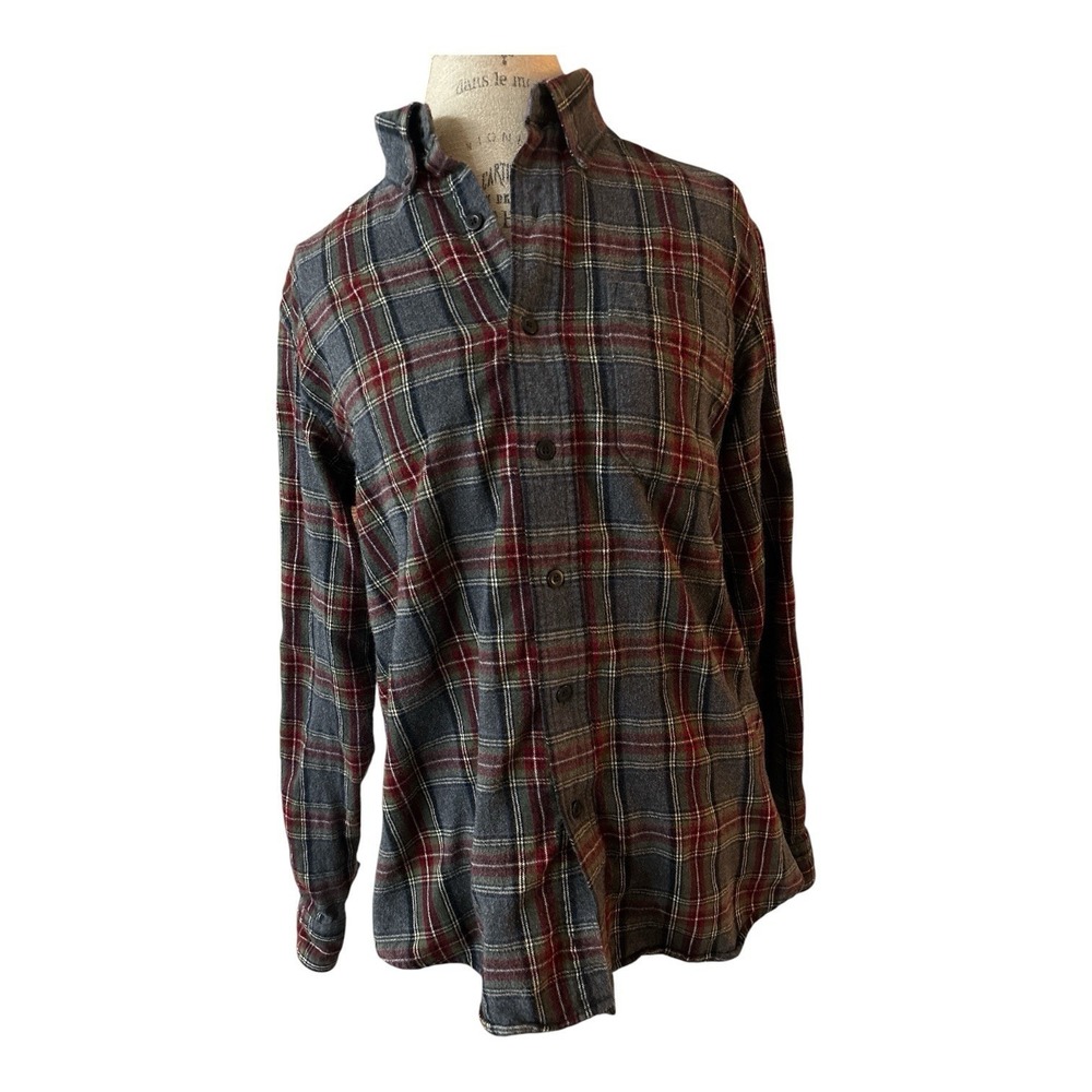 LL Bean Flannel Shirt Mens Small Red Gray Scotch Plaid Traditional Fit Tartan